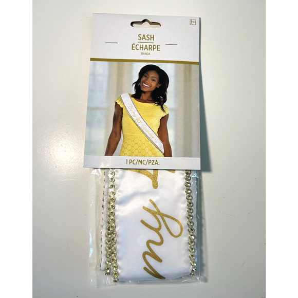 40th Birthday Sash Gold & White 30" Fabric Sash With Gold Sequin Embellishments - Picture 2 of 6